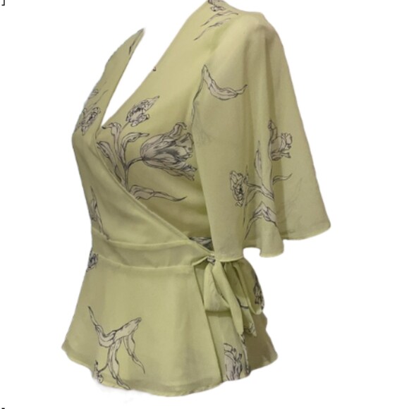 Banana Republic Floral Wrap Shirt Sheer Lined Womens XS Lime Peplum Hem Tie NWT - Picture 2 of 14